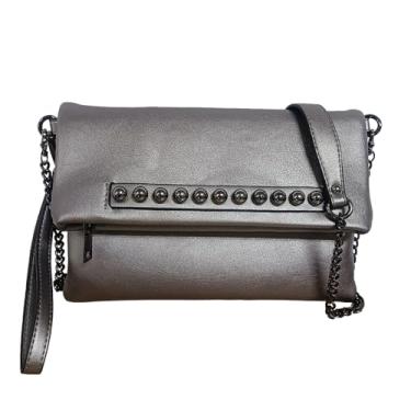 Imagem de NIGEDU Bolsa feminina dobrável com contas de couro PU com corrente transversal com envelope feminino para noite, Prateado, cinza