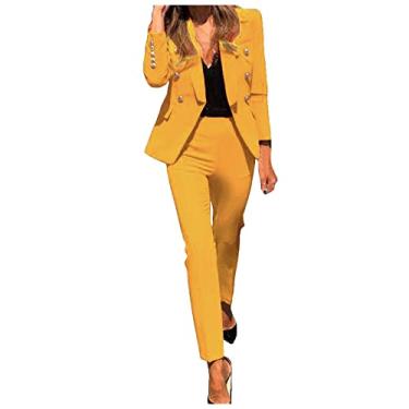 Imagem de Ternos femininos para o trabalho profissional casual negócios blazers e calças cropped 2 peças blazer de lapela com calças ternos, Amarelo, GG