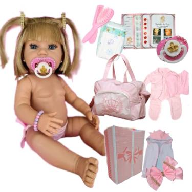 Imagem de Bebê Reborn Boneca Loira Silicone Realista + Kit Acessórios 22 Ítens Enxoval Completo