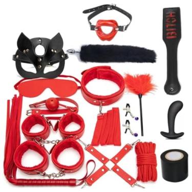 Imagem de Kits de Couro Sexy Para Casais, Conjunto Sexual, Algemas, Jogos Sexuais, Chicote, Mordaça, Mamilos, Acessórios Exóticos (Vermelho)
