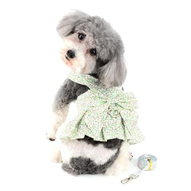 Imagem de Ranphy Vestido de cachorro pequeno com trela para animais de estimação arnês vestidos menina filhote colete roupas bonito laço plissado saia floral impresso roupas cachorrinho gato princesa camisa