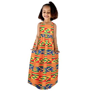 Imagem de Vestidos africanos para meninas pequenas étnicos tyle suspensórios inclinados ombro roupas de festa vestidos de batismo para meninas, Laranja #2, 4-5 Anos
