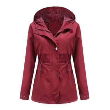 Imagem de Gerrit Casaco feminino com capuz para primavera/outono, casaco feminino com capuz de comprimento médio, jaqueta feminina justa para uso ao ar livre, Vermelho, GG