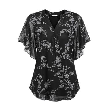 Imagem de HOTOUCH Blusas femininas de manga curta com babados e gola V, camisas de malha floral, soltas e elásticas, soltas, Floral preto, GG