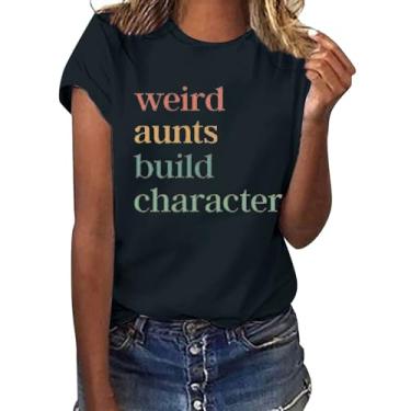 Imagem de Camisetas de gola redonda PKDong Weird Aunts Build Character Auntie Letter Printed Short Sleeve Fashion Shirts 2024 Camisetas casuais, Preto, P