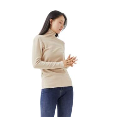 Imagem de LUBOSE Camisa feminina de gola alta de manga comprida quente mantendo a blusa moderna de manga comprida quente para mulheres (M, Bege)