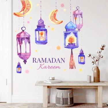 Imagem de Adesivos de parede Eid Mubarak Lanterna colorida lua estrela decalques de parede decorações do Ramadã para casa quarto papel de parede decoração islâmica adesivos de janela papel de parede muçulmano