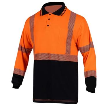 Imagem de FONIRRA Camiseta polo masculina Hi Vis Safety de alta visibilidade reflexiva para trabalho de construção, Laranja_manga comprida, GG