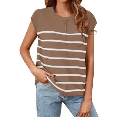 Imagem de Camisetas femininas de verão de malha, listradas, gola redonda, manga cavada, camiseta folgada, confortável, Café, M