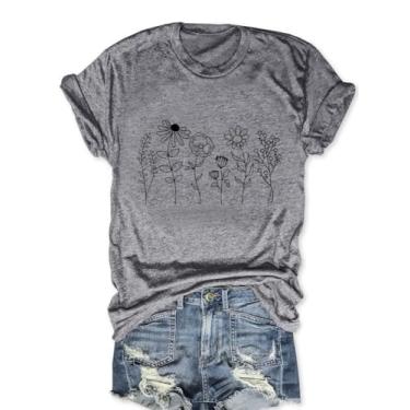Imagem de Camisetas femininas com estampa de flores silvestres estampa casual manga curta verão camiseta de férias, N - Cinza, P