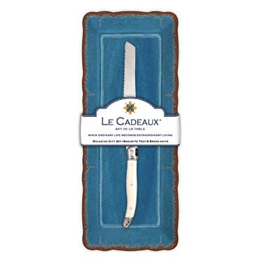Imagem de Le Cadeaux Bandeja para baguete Antiqua e faca de pão Laguiole, conjunto de presente, azul