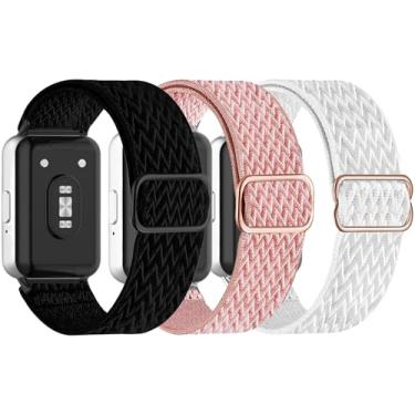 Imagem de Nigaee Pacote com 3 pulseiras elásticas de nylon para relógio compatíveis com Samsung Galaxy Fit 3, pulseiras de substituição elásticas ajustáveis e respiráveis de nylon macio para mulheres e homens
