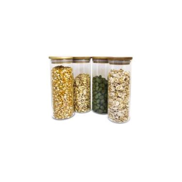 Imagem de Oikos - Kit 4 Potes de Vidro 450ml com Tampa de Bambu Herméticos Redondos