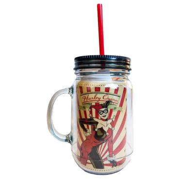 Imagem de Caneca Jarra Canudo Tampa DC Arlequina Listras 550ml