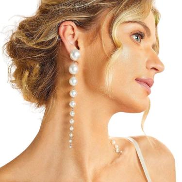 Imagem de Brincos de Pérolas Brancas Longos Prata Moda Femininos Luxo