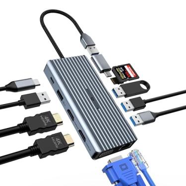 Imagem de Tymyp Hub USB C 12 em 1, estação de ancoragem USB C, três monitores com VGA, 2 adaptadores HDMI, Mac Pro/Air USB C (USB A 3.0, Ethernet de 1 Gbps, PD 100W, microfone de 3,5 mm, leitor SD/TF) Dongle