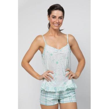 Imagem de Pijama  Feminino de  Alças - Cor De Cacau, P, Abstrato, Xadrez verde