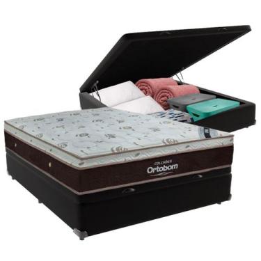 Imagem de Cama Box Baú Casal Preto e Colchão Sleep King Molas Ensacadas Ortobom