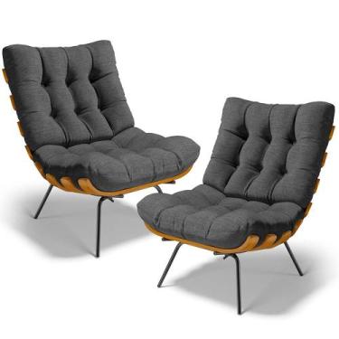 Imagem de Kit 2 Poltronas Decorativas Sala de Estar Costela L02 Linho Cinza Escu