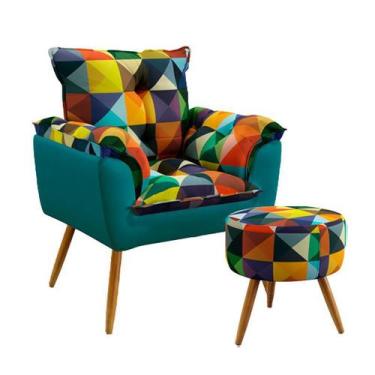 Imagem de Poltrona Estofada Opala com Puff Solar Sued Estampado Colorido com Azu