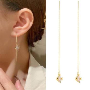 Imagem de Brincos Peixe Dourado Strass Sobrepor Delicado Feminino long - anjo da