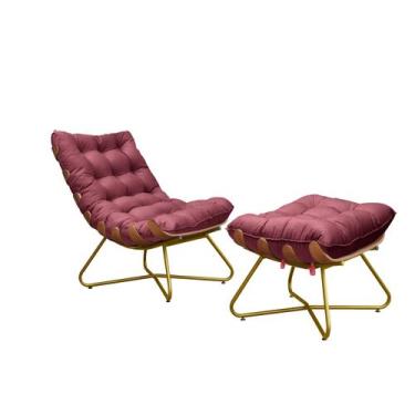 Imagem de Poltrona Com Puff Costela Madeira Eva Dourada- Veludo Bordo - Metal Mó