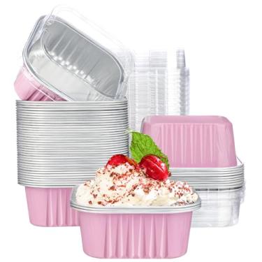 Imagem de EUSOAR Forro de cupcake, 50 peças, mini pudim rosa de 283 g com tampas, formas de pão, latas de alumínio para assar, copos descartáveis de creme brulee e recipientes de sobremesa para suflê de torta, suporte de bolo para servir em festa