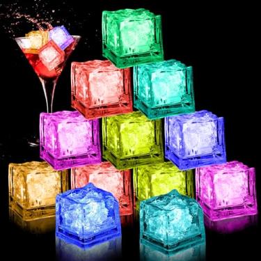 Imagem de Ycxvacop 12 cubos de gelo iluminados para bebidas, cubos de gelo de LED à prova d'água, cubos de gelo brilhantes com sensor de líquido, cubos de gelo que piscam reutilizáveis, cubos de gelo que mudam