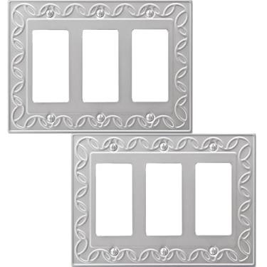 Imagem de OKAWYC Capa decorativa tripla para interruptor de luz NovaBloom, placa de parede de metal, 2 unidades, níquel escovado, 3 gangs, balancim triplo, para tomada de interruptor regulador GFCI, placa