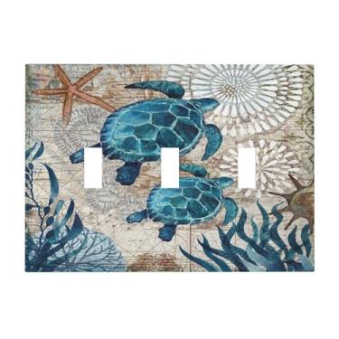 Imagem de Nautical Beach Ocean Blue Turtle 3 Gang Placa de interruptor de luz decorativa com interruptor triplo placa de parede elétrica placa frontal placa frontal