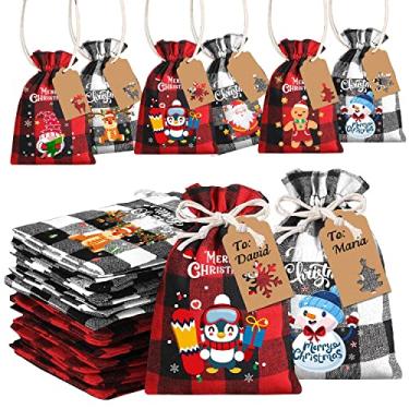 Imagem de XIMISHOP 36 peças de sacos de presente de estopa de natal, sacos de cordão xadrez de búfalo de natal juta de linho de juta de natal doces doces doces sacos de cordão com etiquetas para suprimentos de lembranças de natal