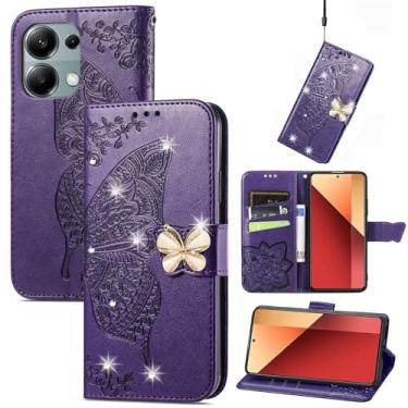 Imagem de Dinglijia Capa carteira para Redmi Note 13 Pro 4G, capa de couro PU padrão borboleta com fecho magnético e slots de cartão de dinheiro para Redmi Note 13 Pro 4G, strass roxo