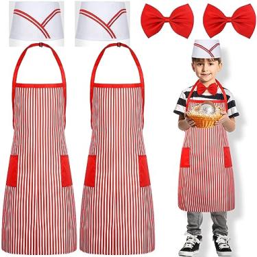 Imagem de SEEWEY Kit de fantasia infantil de garçom de Halloween dos anos 1950, fantasia de garçonete refrigerante idiota avental listrado vermelho branco chapéu de chefe gravata borboleta pipoca fornecedor