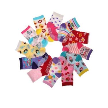 Imagem de Kit 12 Pares Meia Infantil Bebê Menina e Menino Antiderrapante Cores S
