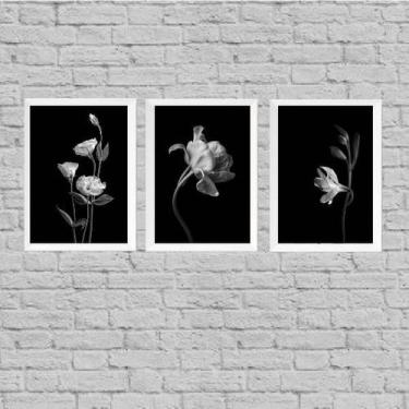 Imagem de Kit 3 Quadros Flores Preto E Branco 33x24cm - Quadros On-line, Madeira