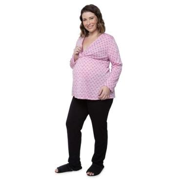 Imagem de Pijama Longo Plus Size Maternidade Rosa Coração Linda Gestante, Femini