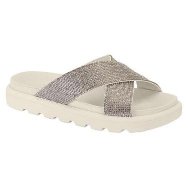 Imagem de Sandalia Papete Slide Feminino Vizzano Flatform Tiras Strass, Branco p