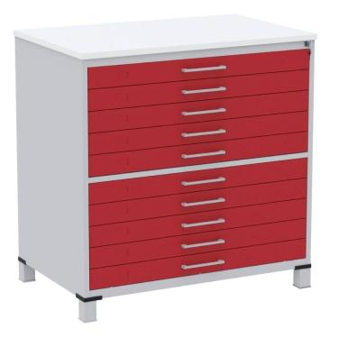 Imagem de Mapoteca 10 Gavetas Pandin 120cm (Larg) Inmetro Tampo MDP Branco Estrutura Aço Cinza Gaveta Vermelha