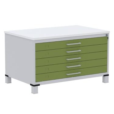 Imagem de Mapoteca 5 Gavetas Pandin 120 cm (Larg) Inmetro Tampo MDP Branco Estrutura Aço Cinza Gavetas Verdes