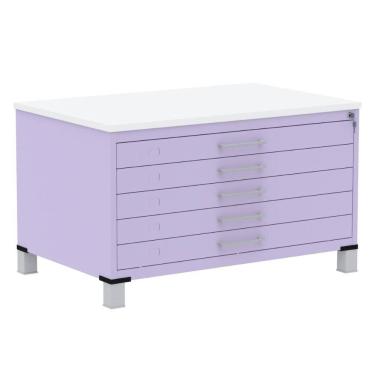 Imagem de Mapoteca 5 Gavetas Pandin 120 cm (Larg) Inmetro Tampo MDP Branco Estrutura e Gavetas em Aço Lilás