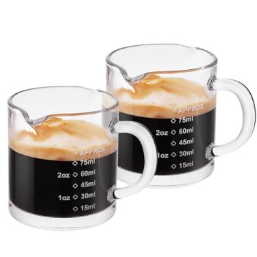 Imagem de Pacote com 2 copos medidores Ackers, copos de café expresso de 75 ml com alça, copos de café expresso com boca em forma de V, acessórios transparentes, jarra de espuma de leite