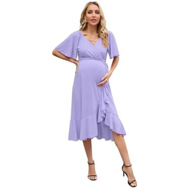 Imagem de FUNJULY Vestido feminino para gestantes, gola V, manga bufante, plissado, para chá de bebê ou uso casual, Roxo claro 2v, GG