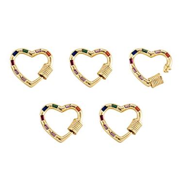 Imagem de FASHEWELRY 5 peças de pingentes de latão com zircônia cúbica e fecho de mosquetão, pingente de coração com clipe de trava, banhado a ouro 18 K, para fazer joias, 18,5 x 21 x 3 mm