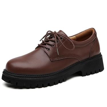 Imagem de IUY Sapatos Oxford de plataforma preta para mulheres couro grosso trabalho escritório antiderrapante sapatos sociais selim sapatos de negócios confortáveis, Marrom, 6.5