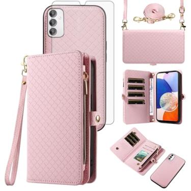 Imagem de Asuwish Capa de celular para Samsung Galaxy A14/M14 5G carteira com zíper destacável com protetor de tela de vidro temperado alça transversal alça flip porta-cartão A 14 4G 14A 14M G5 mulheres meninas