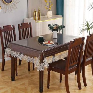 Imagem de JEGPWBKT Toalha de mesa impermeável de plástico transparente, toalha de mesa retangular de vinil com macramê de renda, à prova de derramamento de óleo, capa de mesa para mesas de jantar, festas e