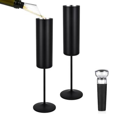 Imagem de Qtencas Pacote com 2 taças de champanhe isoladas de aço inoxidável, conjunto de 2 taças de champanhe inquebráveis reutilizáveis de 170 g para festa, aniversário, Natal, casamento, aniversário, preto