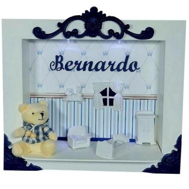 Imagem de Quadro Porta Maternidade Cenário Led  e nome - Branco e Azul Marinho -