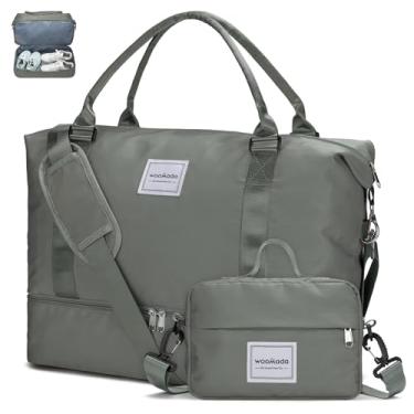Imagem de WOOMADA Bolsa de fim de semana para mulheres, bolsa de viagem com compartimento para sapatos, bolsa noturna com bolsa de higiene pessoal tamanho grande, Verde militar