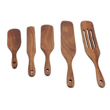 Imagem de Conjunto de Espátula de Cozinha 5PCS, à Prova de Calor Espátula de Madeira, Utensílios de Cozinha Conjunto | Espátula de Panqueca | Utensílios de Cozinha para Cozimento Mexendo